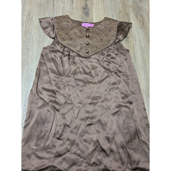 Christine Celle Calypso Women XS Brown Gold Thread Mini 100% Silk Dress Pocket - Picture 3 of 7